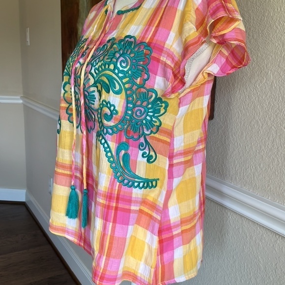 THML - Anthropologie Blouse Top Size S Teal Embroidered Top lightweight Colorful - Picture 3 of 16